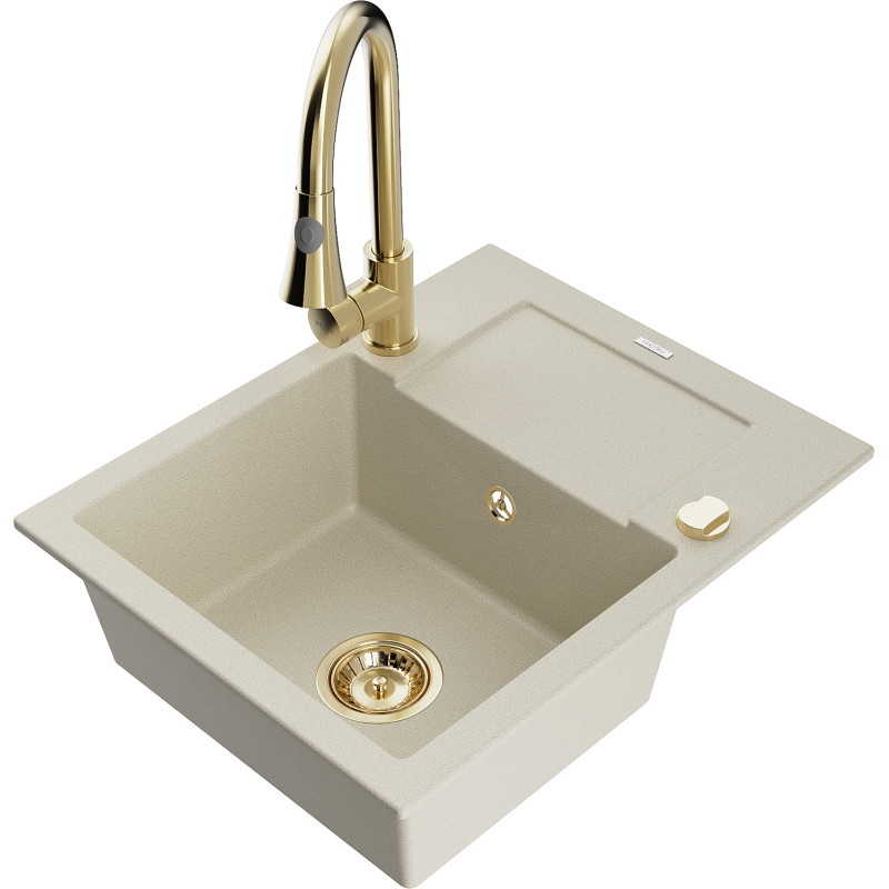 Mexen Enzo fregadero de granito de 1 compartimiento con escurridor y grifo de cocina Elia, beige - 6506-69-670101-50