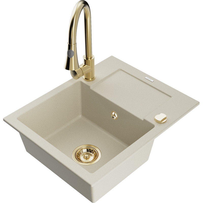 Mexen Enzo granitdiskbänk med 1-fack, avrinningsbricka och köksblandare Elia, beige - 6506-69-670101-50