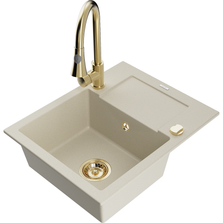 Mexen Enzo granitische spoelbak met 1 bak en afdruiprek en keukenmengkraan Elia, beige - 6506-69-670101-50
