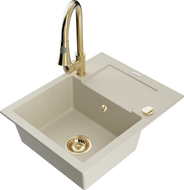 Mexen Enzo Granitspüle 1-becken mit Abtropffläche und Küchenarmatur Elia, beige - 6506-69-670101-50