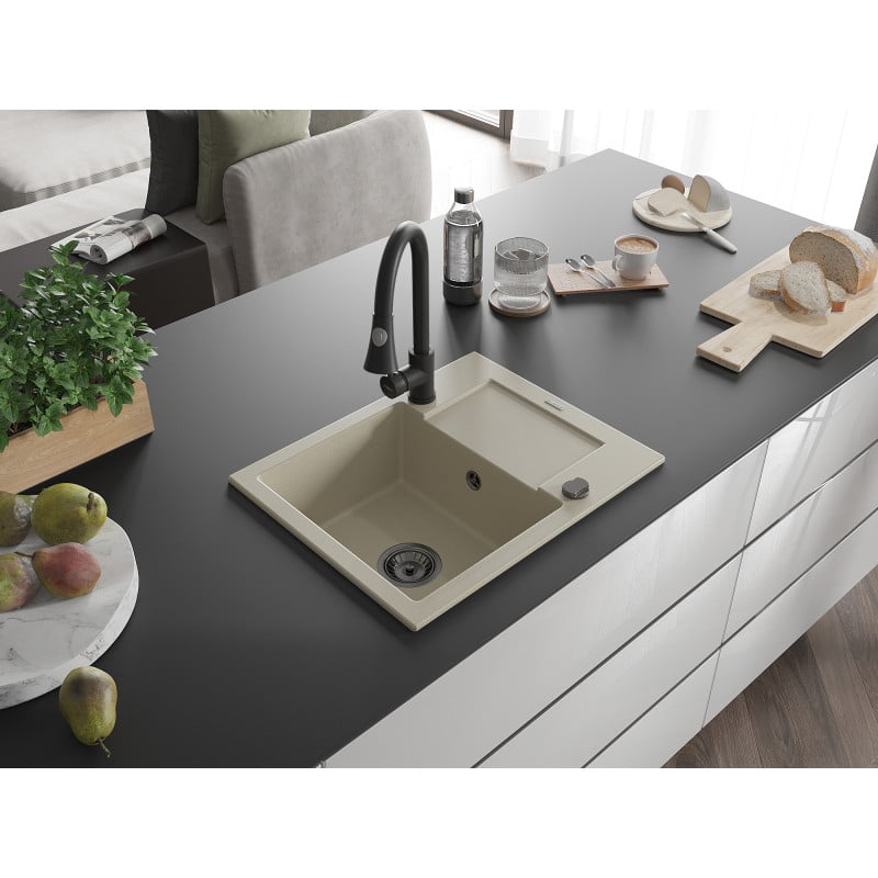 Mexen Enzo fregadero de granito de 1 compartimento con escurridor y grifo de cocina Elia, beige - 6506-69-670101-70