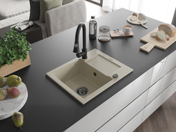 Mexen Enzo fregadero de granito de 1 compartimento con escurridor y grifo de cocina Elia, beige - 6506-69-670101-70