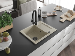Mexen Enzo fregadero de granito de 1 cubeta con escurridor y grifo de cocina Elia, beige - 6506-69-670101-70