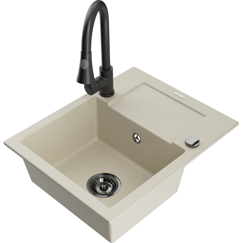 Mexen Enzo fregadero de granito de 1 compartimento con escurridor y grifo de cocina Elia, beige - 6506-69-670101-70