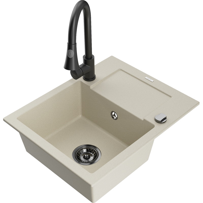 Mexen Enzo Granitspüle 1-beckig mit Abtropffläche und Küchenarmatur Elia, beige - 6506-69-670101-70