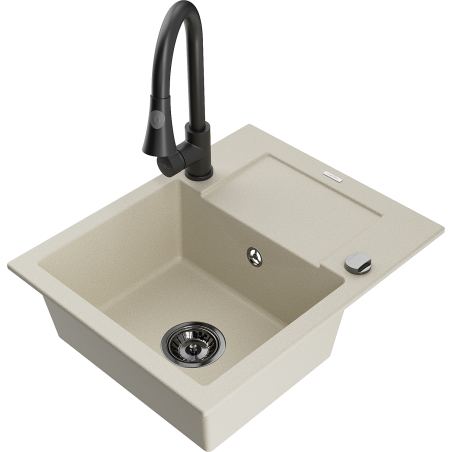Mexen Enzo 1-bowl granite sink with drainer and Elia kitchen faucet, beige - 6506-69-670101-70