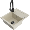 Mexen Enzo 1-bowl granite sink with drainer and Elia kitchen faucet, beige - 6506-69-670101-70