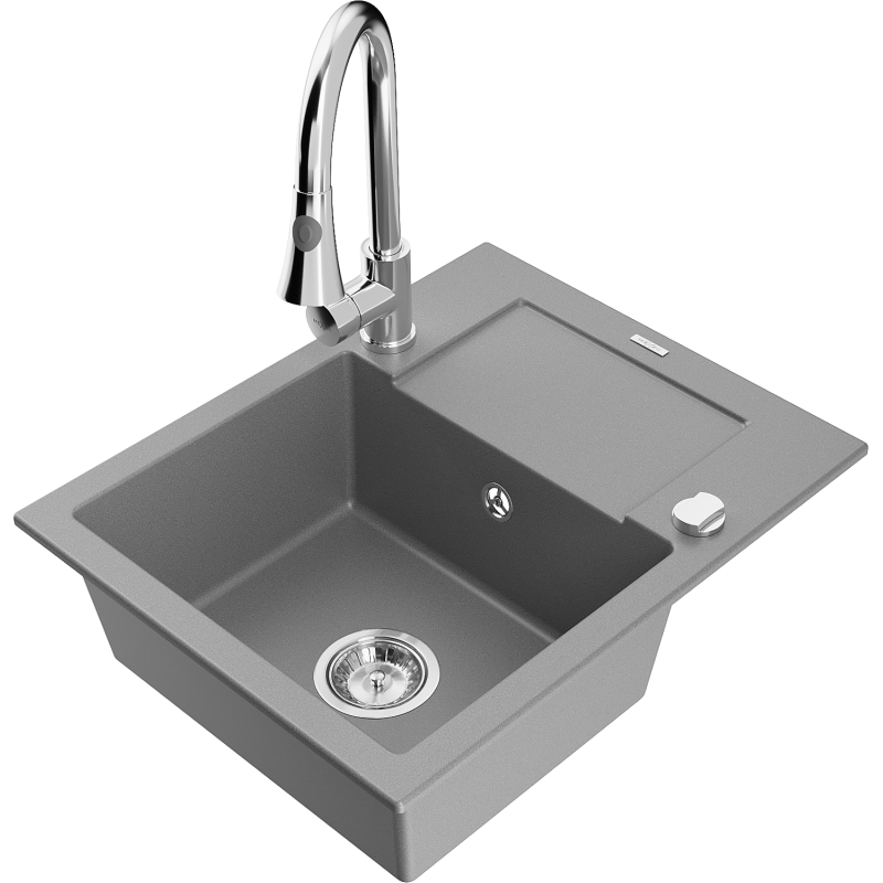 Mexen Enzo fregadero de granito de 1 cámara con escurridor y grifo de cocina Elia, gris - 6506-71-670101-00
