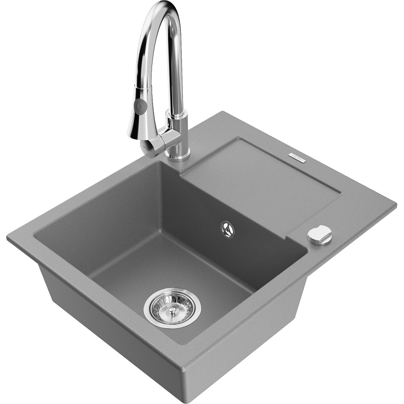Mexen Enzo lava-loiça de granito de 1 câmara com escorredor e torneira de cozinha Elia, cinza - 6506-71-670101-00