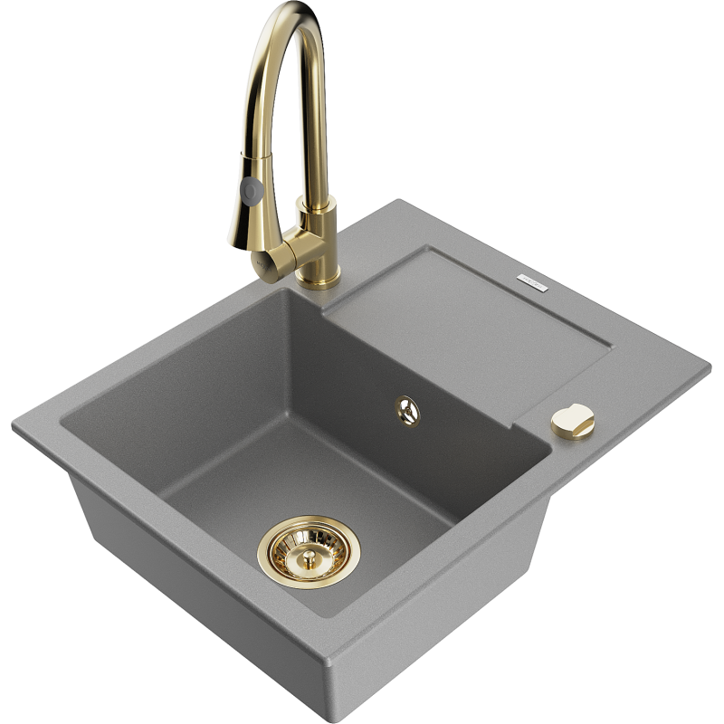 Mexen Enzo fregadero de cocina de granito de 1 cubeta con escurridor y grifo de cocina Elia, gris - 6506-71-670101-50