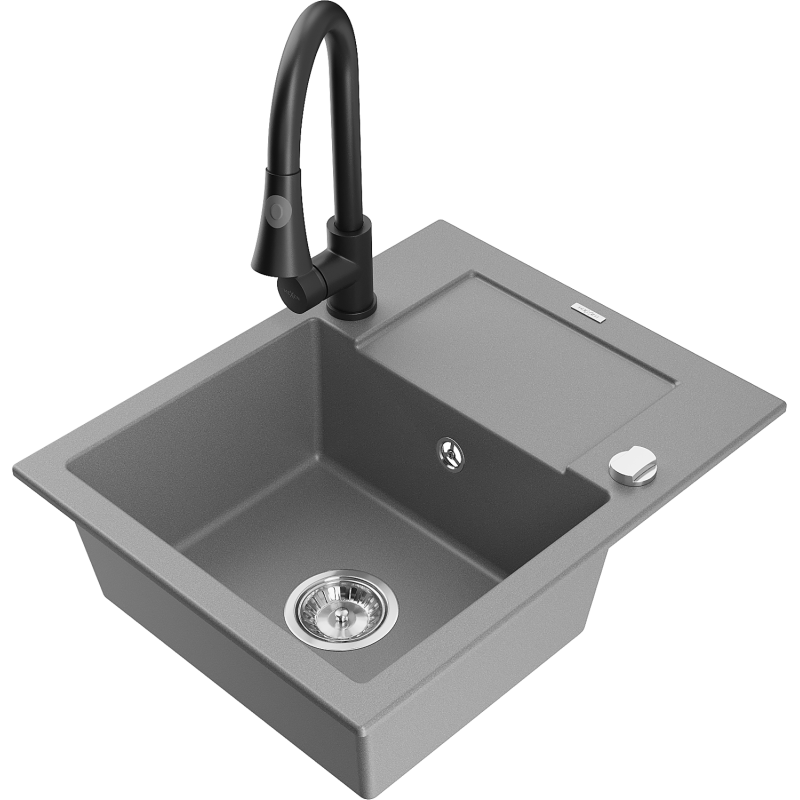 Mexen Enzo 1-bowl granite sink with drainer and Elia kitchen tap, grey - 6506-71-670101-70