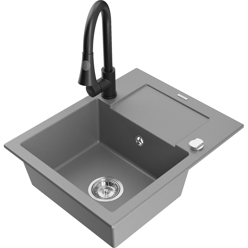 Mexen Enzo fregadero de granito de 1 cubeta con escurridor y grifo de cocina Elia, gris - 6506-71-670101-70
