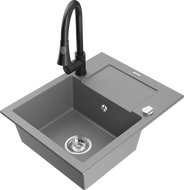 Mexen Enzo granite kitchen sink single bowl with drainer and Elia faucet, gray - 6506-71-670101-70