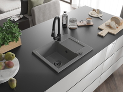 Mexen Enzo granite 1-bowl sink with drainer and kitchen faucet Elia, gray - 6506-71-670101-70-B