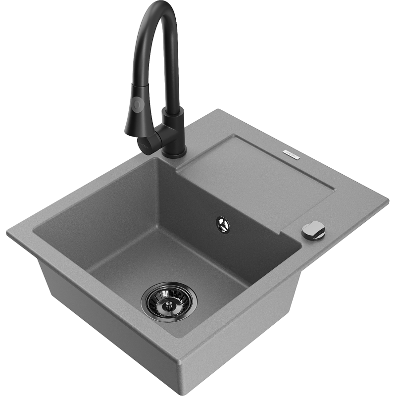 Mexen Enzo fregadero de granito de 1 cubeta con escurridor y grifo de cocina Elia, gris - 6506-71-670101-70-B