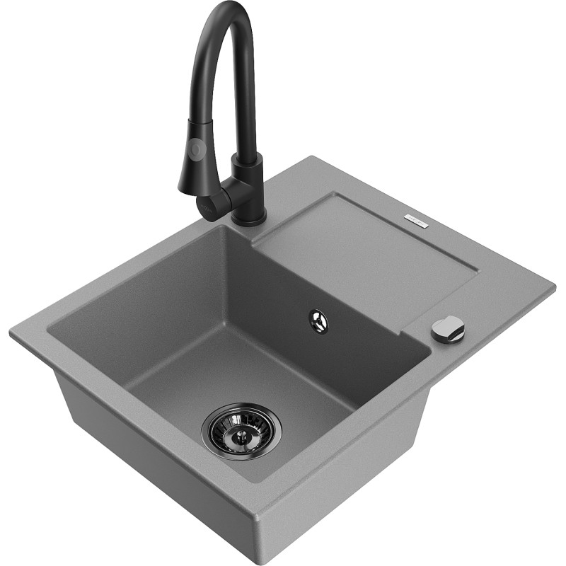 Mexen Enzo Granitspüle 1-Becken mit Abtropffläche und Küchenarmatur Elia, grau - 6506-71-670101-70-B