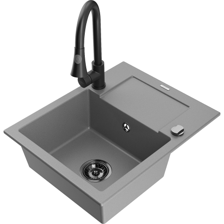 Mexen Enzo 1-bowl granite sink with drainer and Elia kitchen tap, grey - 6506-71-670101-70-B