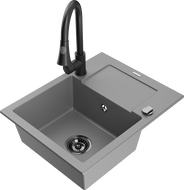 Mexen Enzo 1-bowl granite sink with drainer and Elia kitchen tap, grey - 6506-71-670101-70-B