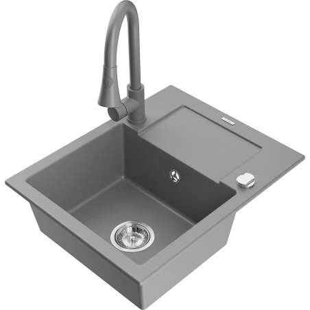 Mexen Enzo granite sink 1-bowl with drainer and Elia kitchen tap, grey - 6506-71-670101-71