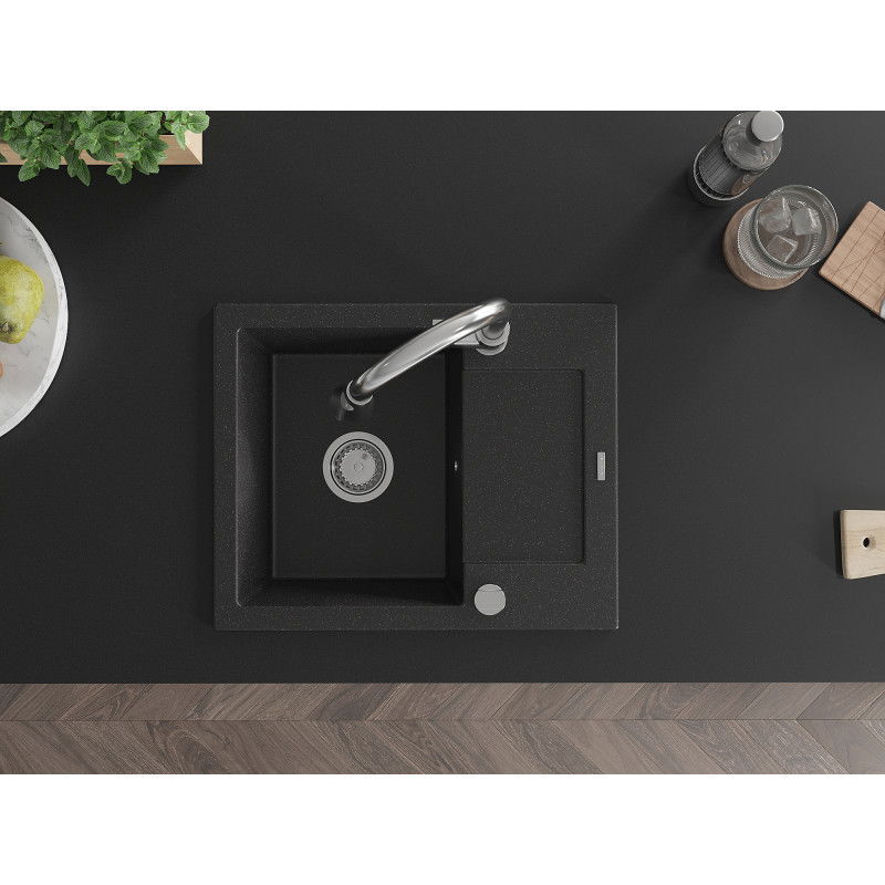 Mexen Enzo granite kitchen sink 1-bowl with drainer and Elia kitchen tap, black/silver metallic - 6506-73-670101-00