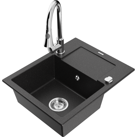 Mexen Enzo Granitspüle 1-becken mit Abtropffläche und Küchenarmatur Elia, schwarz/silber Metallic - 6506-73-670101-00
