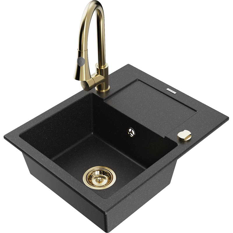 Mexen Enzo évier en granit 1 cuve avec égouttoir et mitigeur de cuisine Elia, noir/argent métallique - 6506-73-670101-50