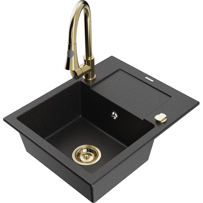 Mexen Enzo fregadero de granito de 1 seno con escurridor y grifo de cocina Elia, negro/plateado metálico - 6506-73-670101-50