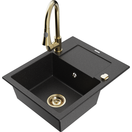 Mexen Enzo Granitspüle 1-Becken mit Abtropffläche und Küchenarmatur Elia, schwarz/silber metallic - 6506-73-670101-50