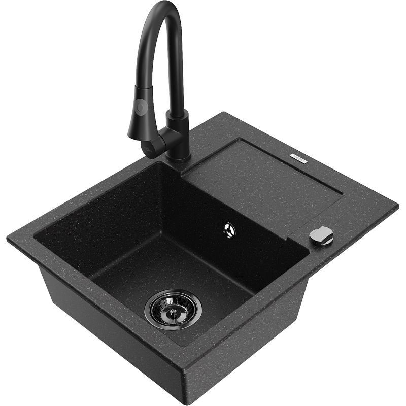 Mexen Enzo fregadero de granito de 1 seno con escurridor y grifo de cocina Elia, negro/metálico plateado - 6506-73-670101-70-B
