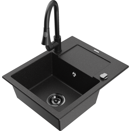 Mexen Enzo fregadero de granito de 1 seno con escurridor y grifo de cocina Elia, negro/metálico plateado - 6506-73-670101-70-B