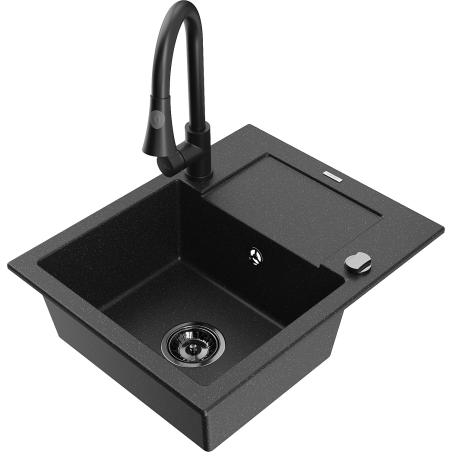 Mexen Enzo Granitspüle 1-becken mit Abtropffläche und Küchenarmatur Elia, schwarz/silber Metallic - 6506-73-670101-70-B