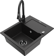 Mexen Enzo 1-bowl granite kitchen sink with drainer and Elia kitchen mixer, black/silver metallic - 6506-73-670101-70-B