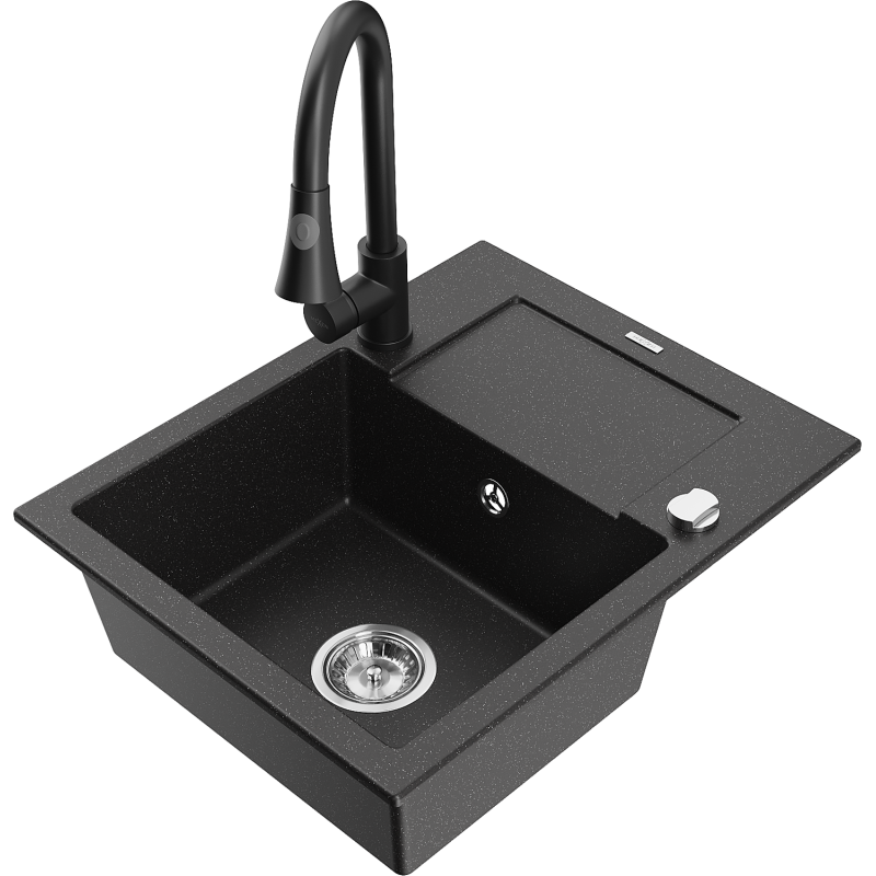 Mexen Enzo évier en granit 1 cuve avec égouttoir et robinet de cuisine Elia, noir/argent métallique - 6506-73-670101-70