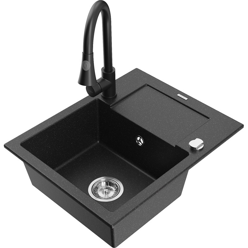 Mexen Enzo Granitspüle 1-Kammer mit Abtropffläche und Küchenarmatur Elia, schwarz/silber metallic - 6506-73-670101-70
