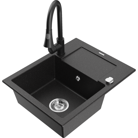 Mexen Enzo Granitspüle 1-beckig mit Abtropffläche und Küchenarmatur Elia, schwarz/silber metallic - 6506-73-670101-70