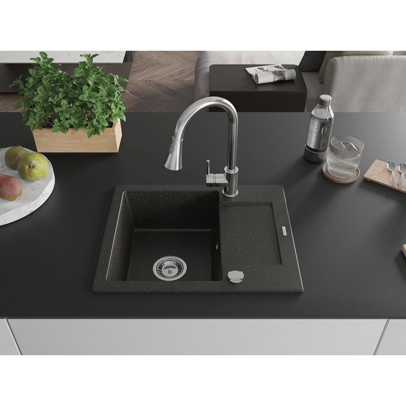 Mexen Enzo 1-bowl granite sink with drainer and Elia kitchen tap, black/gold metallic - 6506-75-670101-00