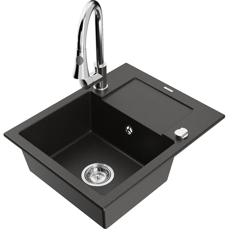 Mexen Enzo 1-bowl granite sink with drainer and Elia kitchen tap, black/gold metallic - 6506-75-670101-00