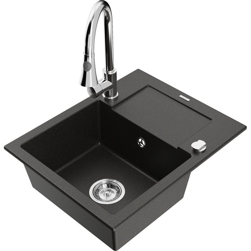 Mexen Enzo fregadero de granito de 1 cubeta con escurridor y grifo de cocina Elia, negro/dorado metálico - 6506-75-670101-00