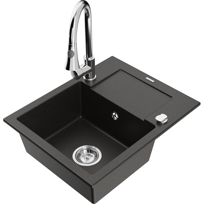 Mexen Enzo lava-loiça de granito de 1 bacia com escorredor e torneira de cozinha Elia, preto/dourado metálico