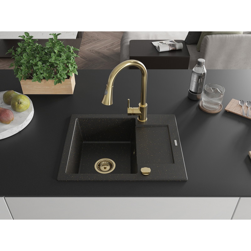 Mexen Enzo granieten gootsteen met 1 bak, afdruiprek en keukenmengkraan Elia, zwart/gouden metallic - 6506-75-670101-50