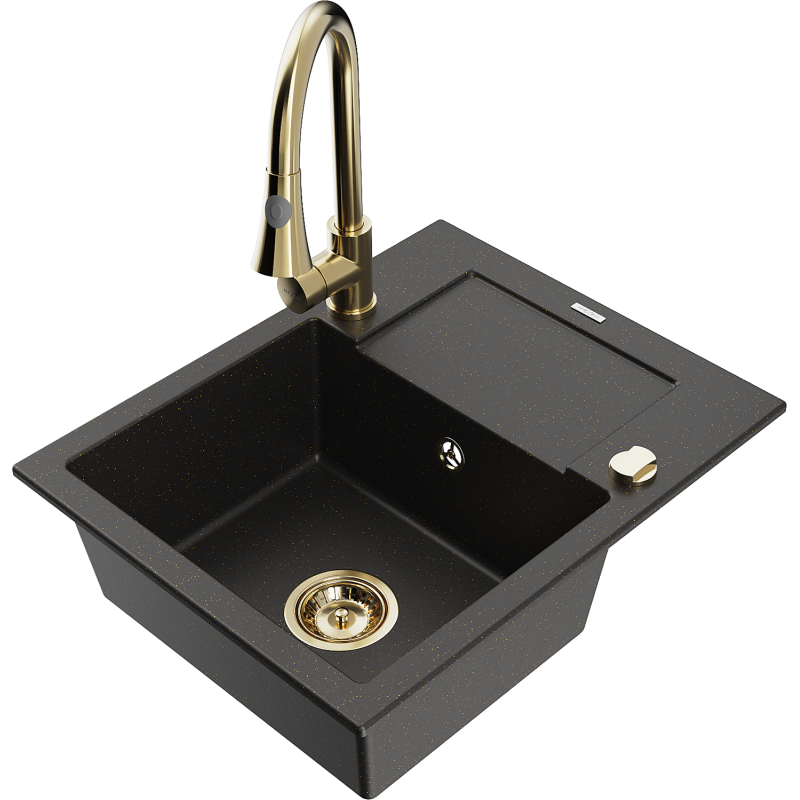 Mexen Enzo fregadero de granito con 1 seno, escurridor y grifo de cocina Elia, negro/dorado metálico - 6506-75-670101-50