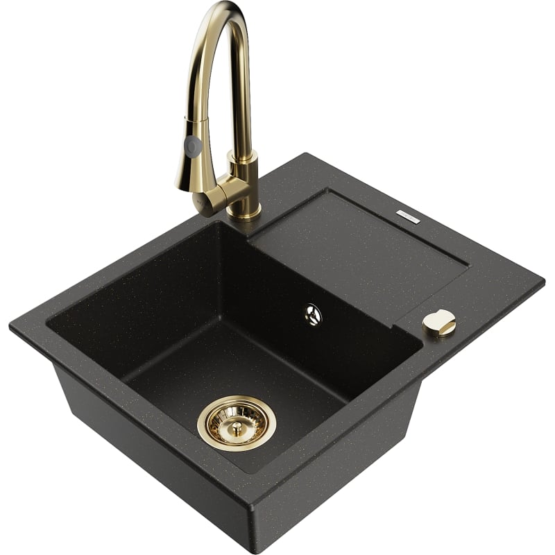 Mexen Enzo granite sink 1-bowl with drainer and kitchen faucet Elia, black/gold metallic - 6506-75-670101-50