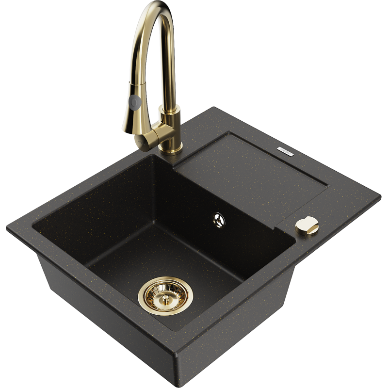 Mexen Enzo Granitspüle 1-beckig mit Abtropffläche und Küchenarmatur Elia, schwarz/gold metallic - 6506-75-670101-50