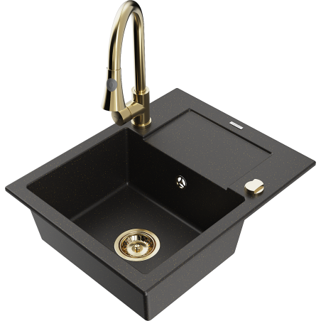 Mexen Enzo granite sink 1-bowl with drainer and kitchen faucet Elia, black/gold metallic - 6506-75-670101-50
