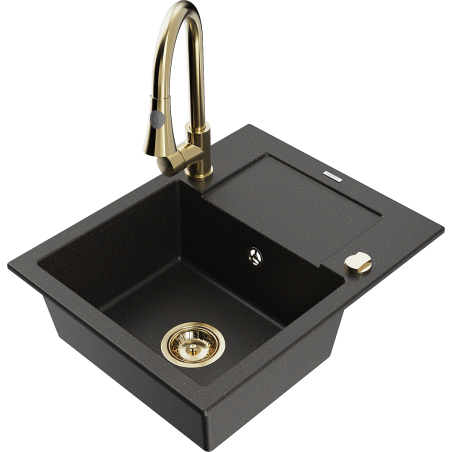 Mexen Enzo Granitspüle 1-beckig mit Abtropffläche und Küchenarmatur Elia, schwarz/gold metallic - 6506-75-670101-50
