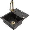 Mexen Enzo granite sink 1-bowl with drainer and kitchen faucet Elia, black/gold metallic - 6506-75-670101-50