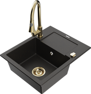 Mexen Enzo granite sink 1-bowl with drainer and kitchen faucet Elia, black/gold metallic - 6506-75-670101-50