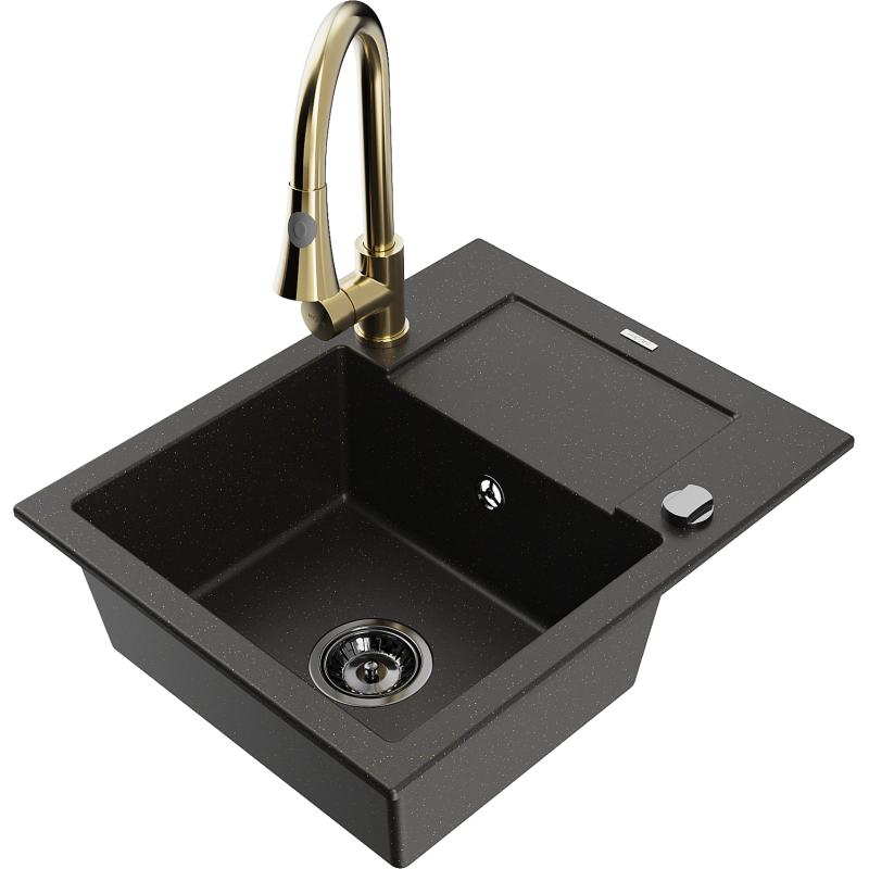 Mexen Enzo fregadero de granito 1-cubeta con escurridor y grifo de cocina Elia, negro/oro metálico - 6506-75-670101-50-B
