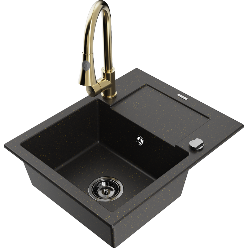 Mexen Enzo lavello in granito a 1 vasca con scolapiatti e rubinetto da cucina Elia, nero/oro metallizzato - 6506-75-670101-50-B