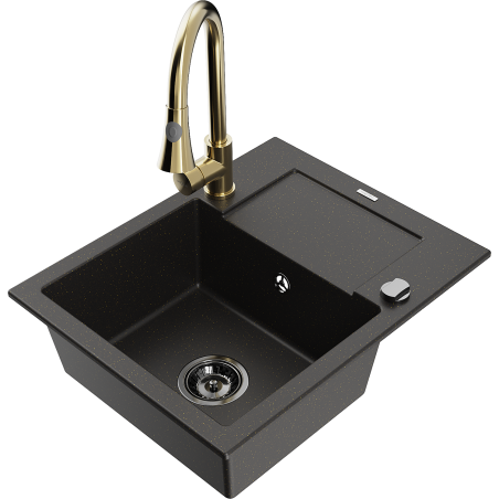 Mexen Enzo fregadero de granito 1-cubeta con escurridor y grifo de cocina Elia, negro/oro metálico - 6506-75-670101-50-B